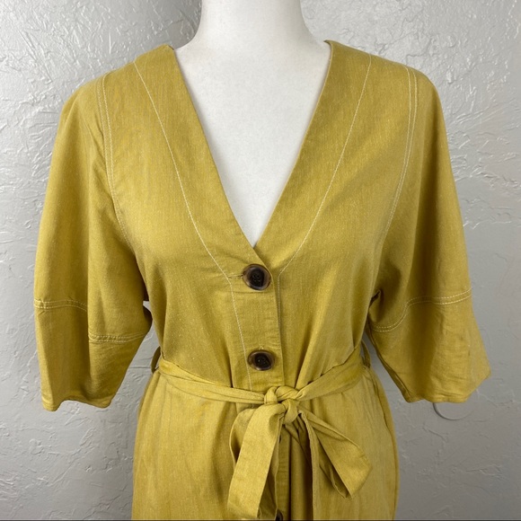 New York & Co x Eva Mendes yellow linen blend shirt dress Medium - Picture 2 of 15